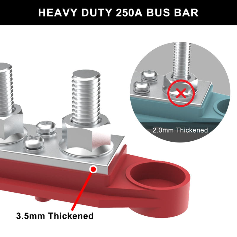 Upgraded Bus Bar 250A 12V Power Distribution Block with 3/8" (M10) 4-Posts Terminals Block with Cover for Automotive, Marine, Battery System(Black & Red) 3/8" - Black & Red