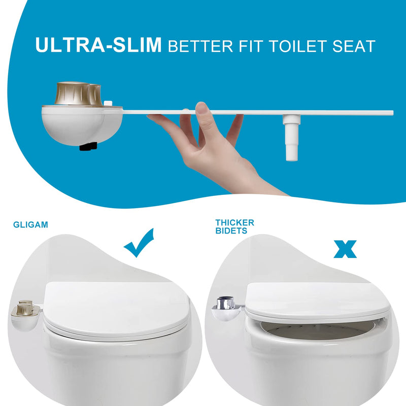 GLIGAM Bidet Attachment for Toilet Warm Water, Ultra-Slim Bidet Hot and Cold,Non-Electric Bidet Attachment for Frontal/Rear Wash, with Retractable Nozzle, Pressure & Angle Controls,Easy to install Champagne