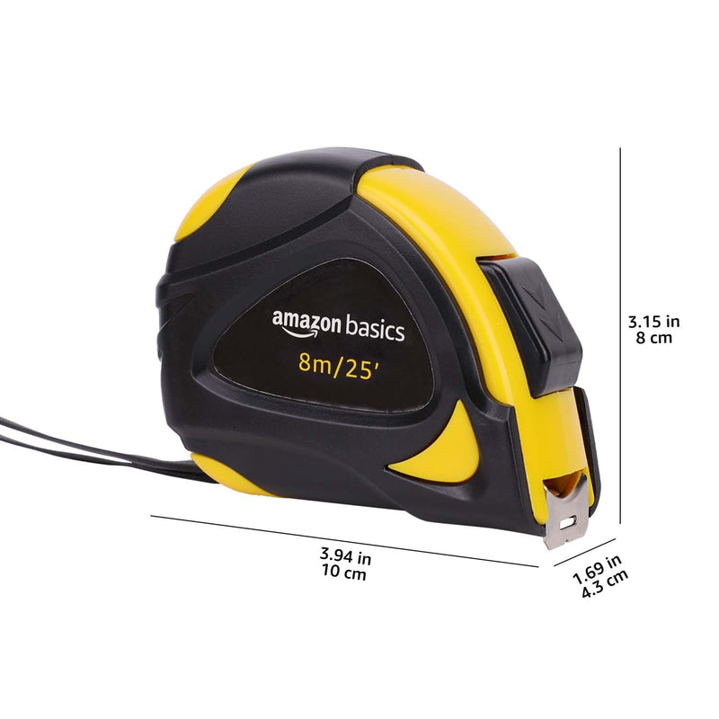 Amazon Basics Self-Locking Tape Measure, 25ft (8-meters), Accurate Dual Scale inch/metric, MID Accuracy, Extendable, 2-Pack, Yellow 7.6 m