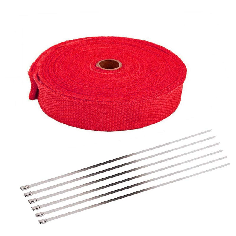 ESUPPORT 2.5CM X 5M Fiberglass Roll Red Racing Exhaust Heat Header Pipe Wrap Heat Shield Sleeve Protection 6 Stainless Steel Ties Car Motorcycle 1" X 16'