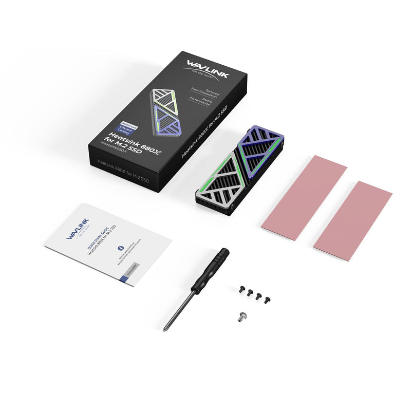 WAVLINK NVMe Heatsink 880X, M.2 Heatsink supporting 2280 NVMe/SATA SSDs for PC/PS5/mATX/Mini-ATX, High-Performance SSD Cooler with Dual Thermal Silicone Pads, 3mm Adjustable Height, Aluminum Alloy