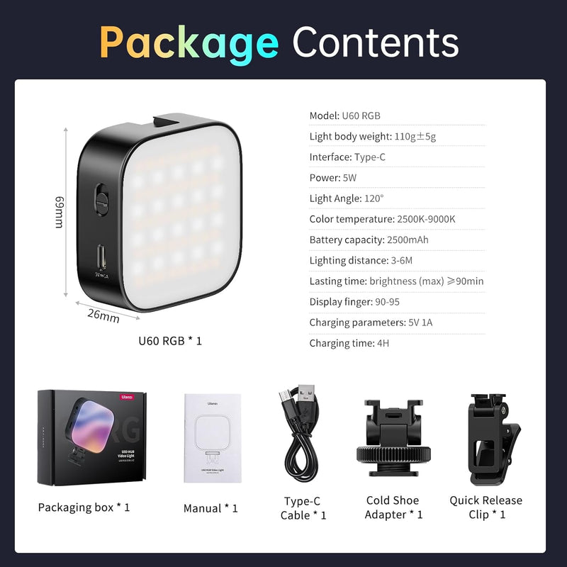 Ulanzi U60 RGB Video Light, Portable LED Camera Light with 360° Color CRI≥95 2500-9000K Dimmable Panel Lamp,2500mAh LED Panel Photography Lighting w Quick Release Cold Shoe Adapter and Clip-Black Black