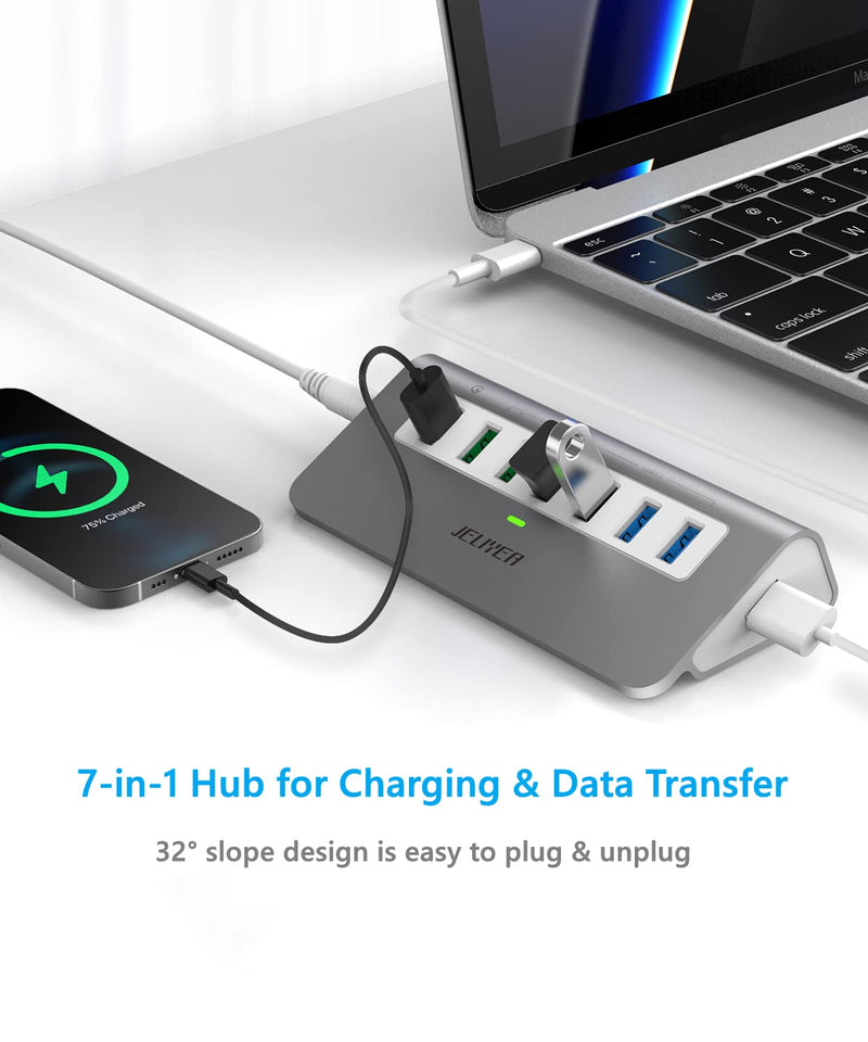 Powered USB-C 7-Port Hub, USB 3.2 Gen 2 Adapter - 4x 10Gbps Data, 3x 3.3ft Charging Ports, 30W Power Adapter for Laptop, PC, MacBook 7 Ports with Charger