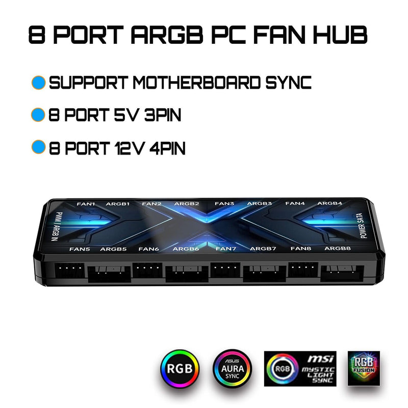 ARGB PWM Fan Hub, Addressable 5V 3PIN 12V 4PIN PWM 2-in-1 RGB Case Fan Hub with Magnetic, PSU SATA Power Input, 8 Port for Fans and 8 Port for LEDs, Support 8 Computer ARGB PWM PC Fans