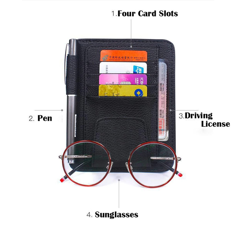 Small Leather Car Sun Visor Organizer for Car Truck, Sunglass Holder, Car Card Sleeve Pocket Organizer, Car Visor Document Holder, Car Registration and Drving License, Invoices, Pen, Chapstick Black, Classic Style