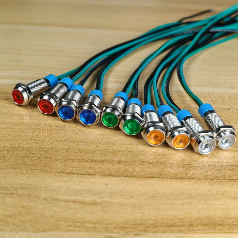Gebildet Pack of 10 6 mm 3V-4.5V-5V-6V-7.5V-9V LED Metal Indicator Light Waterproof Signal Lamp Pilot Dash with Wire (Red/Orange/Blue/Green/White) Multicolored