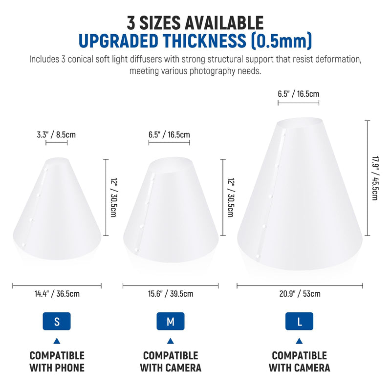 NEEWER 3 Pack Light Cone Set (14"/15"/20"), Upgraded 0.5mm Thick Photo Lighting Flash Diffuser Reflector, Alternative for Jewelry Product Photography Light Box, No Shadow & Reflection, NK006