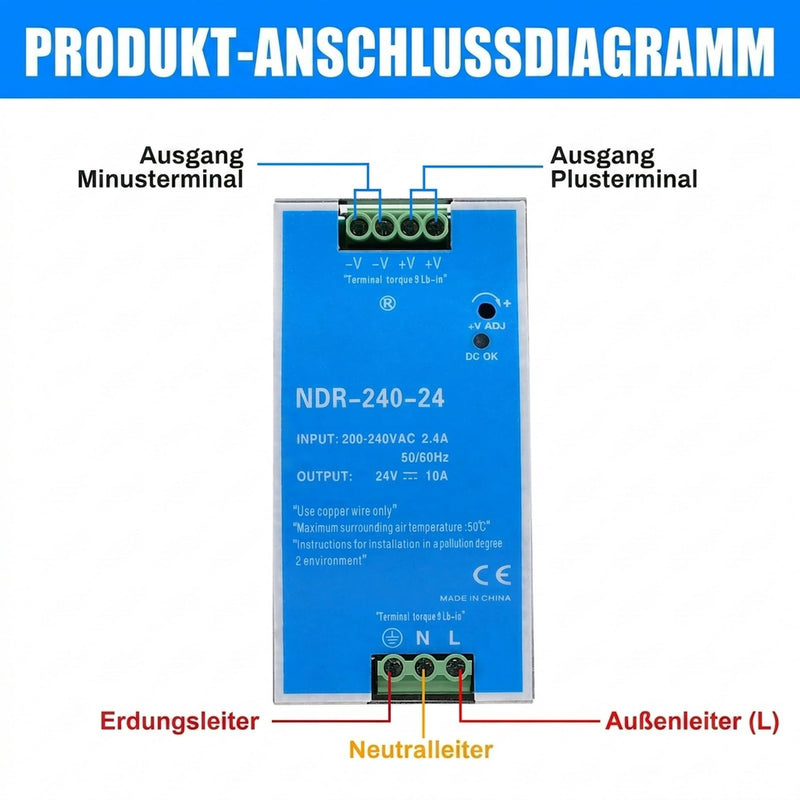 24 V power supply, DIN rail, 240 W, DIN rail switching power supply, input AC 100-220 V, 2.4 A output, DC 24 V, 10 A, multiple protection functions, industrial model NDR-240W-24V. 240W-10A