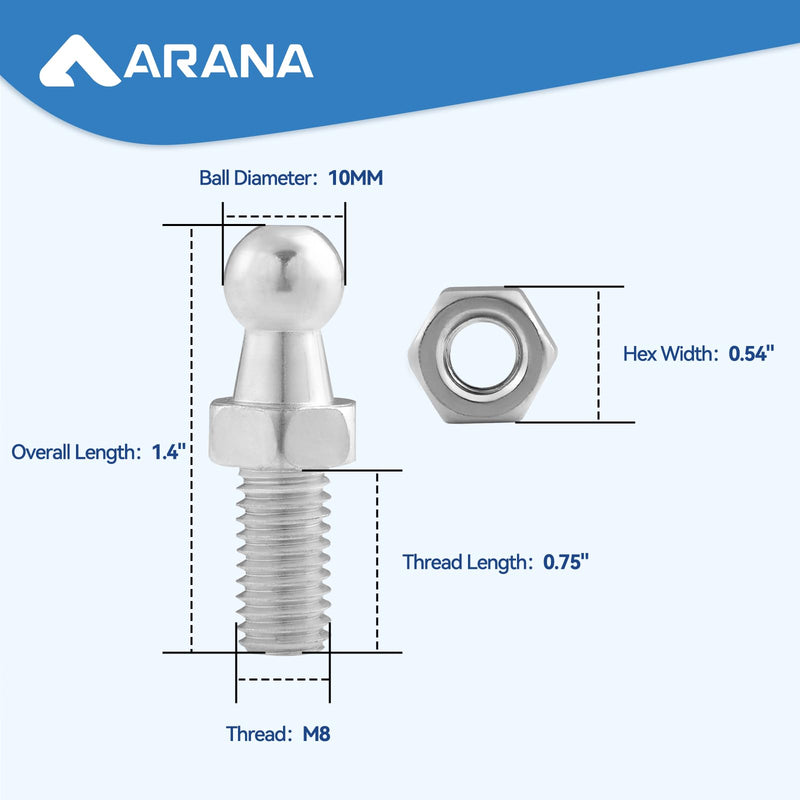 ARANA 10MM Ball Stud with Hardware, 5/16-18 Thread × 3/4" Long Shank Gas Struts Ball Stud for Gas Strut Shock Springs Lift Support End Fiting, Set of 4 Sliver 10MM Ball Stud, 3/4” Long Shank