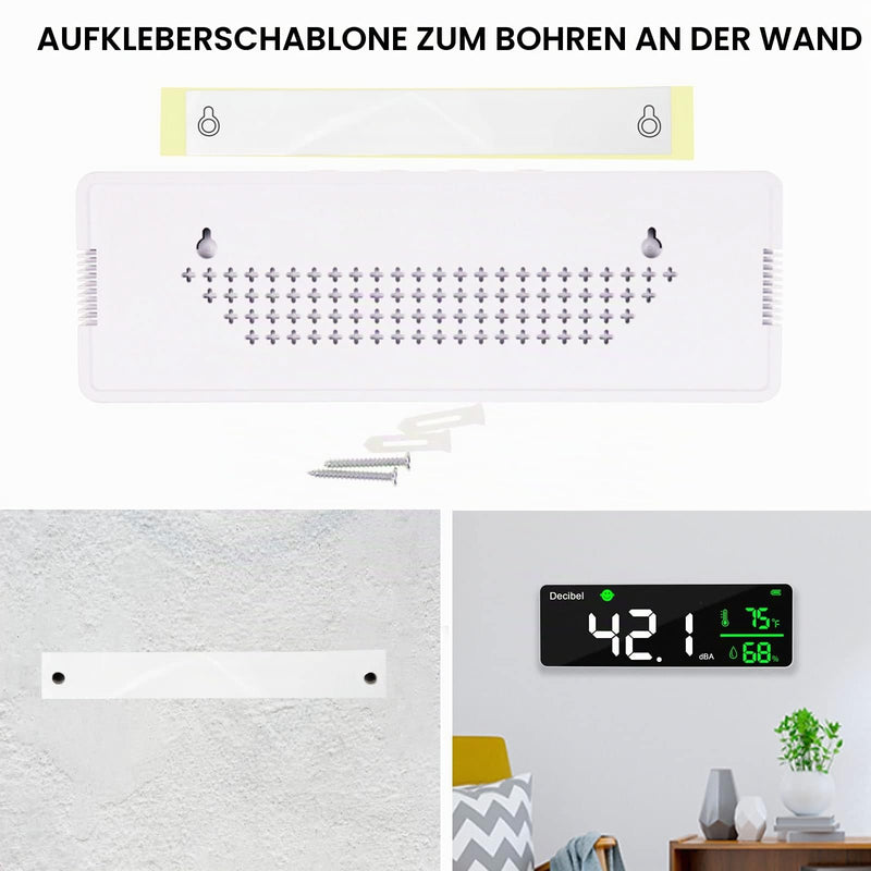 Decibel Meter, Wall Sound Level Meter, 28 cm Large LED Display, Noise Temperature and Humidity Meter with Alarm Symbols, Wide Applications for Classroom, Studio, Home, Factory