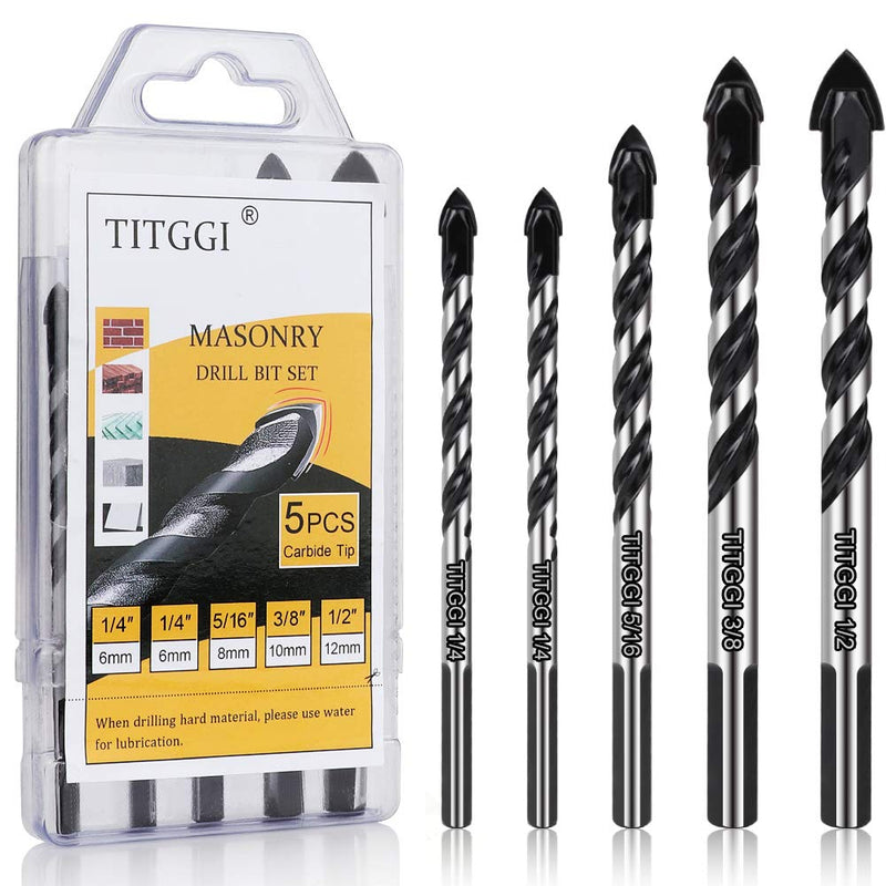 TITGGI Professional Tile and Glass Drill Bit Set, 5 Pieces, for Drilling Tiles, Glass, Ceramic, Porcelain, Wood, Mirrors and Masonry, 6–12 mm | For Tiles, Ceramics, Glass, Cement & Brick, Carbide Tip, Double U Groove, 3 Face Shank, Bathroom & Kitchen, ...