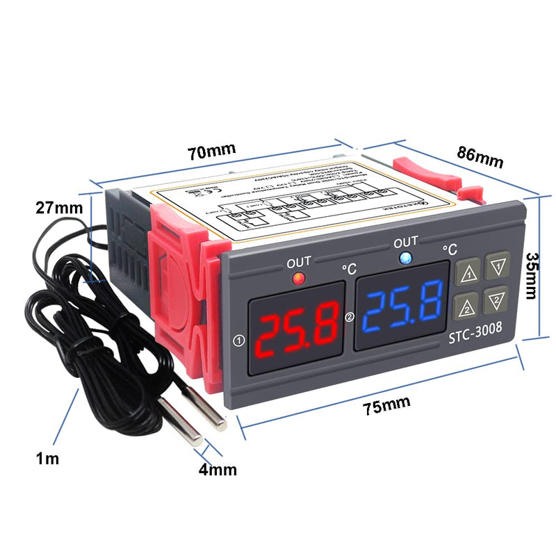 KETOTEK Digital Temperature Controller with 2 Sensors 230V 220V, STC 3008 Thermostat Temperature Switch Heating Cooling Temperature Controlled Controller Relay AC 220V Relay Output