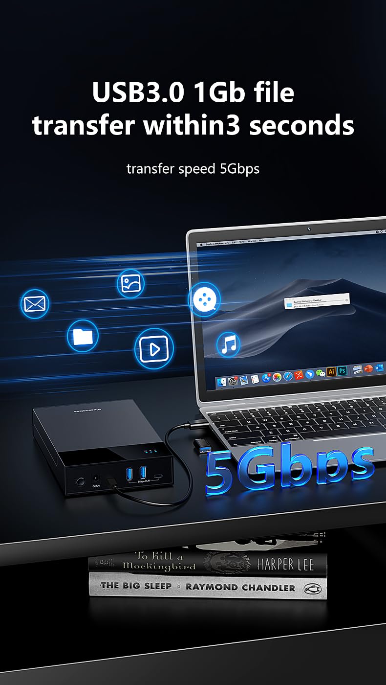 External Hard Drive Enclosure for 3.5 2.5 Inch SATA SSD HDD, USB 3.0 to SATA Hard Drive Docking Station, 2A1C Multi-Port Hub with 12V/2A Power Adapter, Support Up to 20TB, UASP, Trim, Black