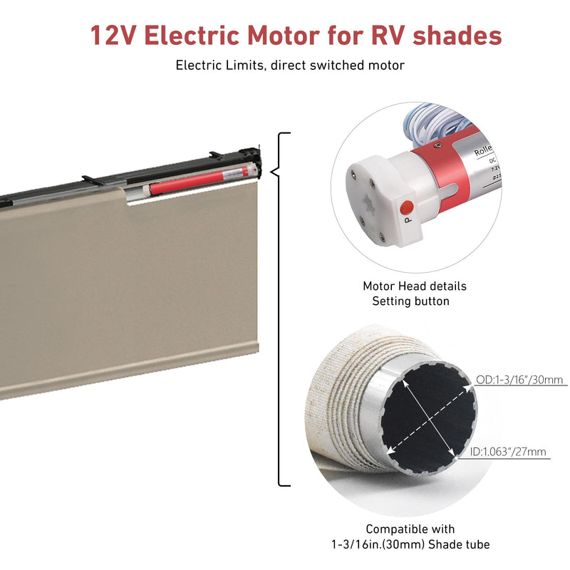 Rollerhouse 2 Wire Switch Controlled Motor Electric Roller Motor Hard Wired 12V DC Motors for RV Electric Roller Shade, Working for 1-3/16" Roller Tube DC 12V Switch Control, 1-3/16" Roller Tube