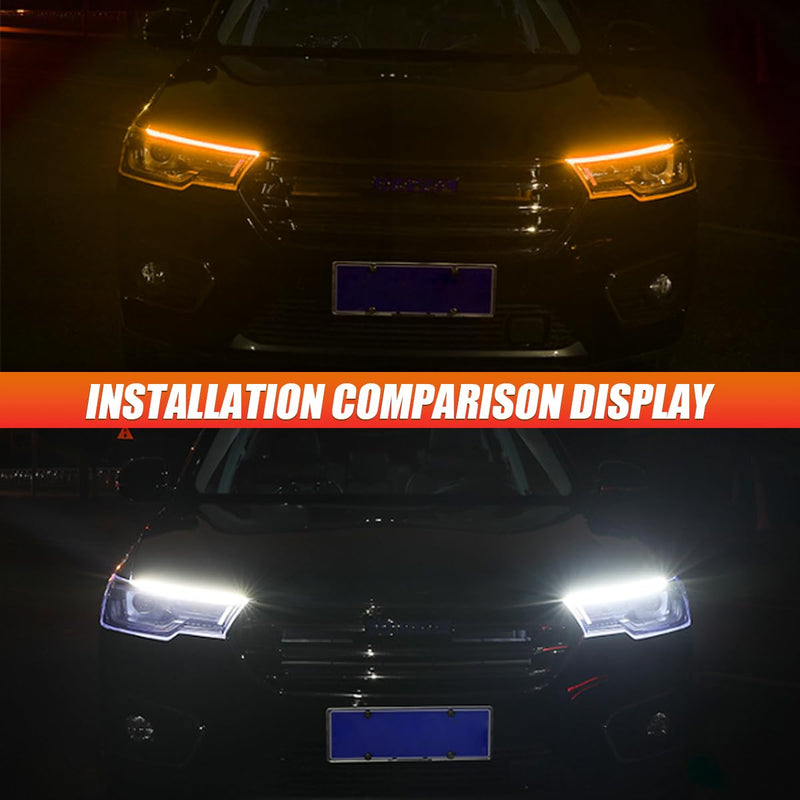 2PCS 24 Inch Car LED Strip Lights, Waterproof Car Daytime Running Light Strip, Flexible DRL Dual Color Sequentially Flow Turn Signal Strip Light, LED Headlight Strip for Car Truck SUV (White/Yellow) White/Yellow