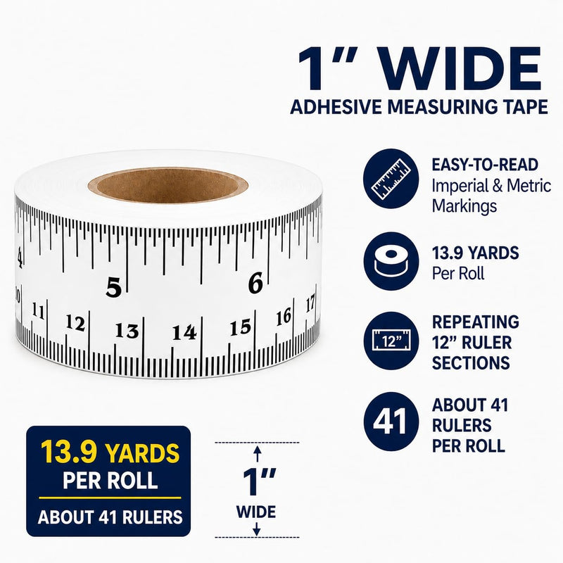 ChromaLabel Adhesive Measuring Tape, 12 Inch Repeating Ruler Sticker, White and Black Peel and Stick Measure, Imperial & Metric, 1 Inch x 13.9 Yd Roll, Made in USA 1" Wide