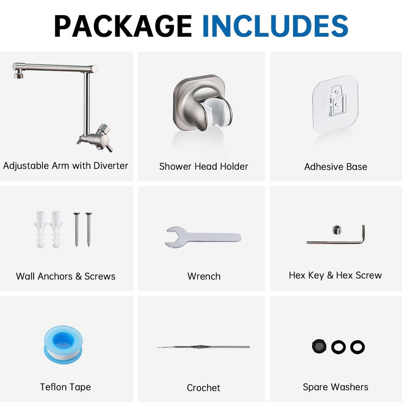G-Promise Metal Shower Head Extension Arm with Diverter, Handheld Holder Included, G1/2 Universal Thread Rain Shower Arm, Brass Adjustable Extender with 3-Way Diverter, Brushed Nickel