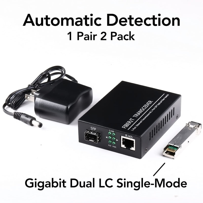 A Pair Gigabit Ethernet SFP Fiber Media Converters with Dual Core LC Transceiver Module, Single-Mode LC, SMF RJ45 to SFP Slot up to 20KM, 10/100/1000Base-Tx to 1000Base-SX (2 Pack) SingleMode LC Dual Port