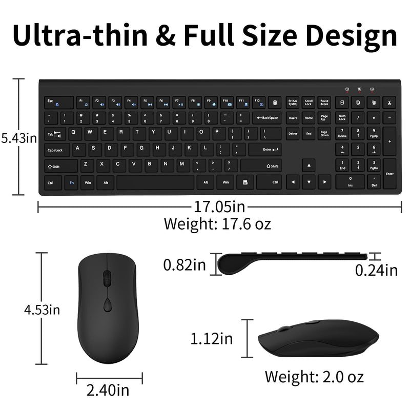 Wireless Keyboard and Mouse Combo, Silent Full-Size Computer Keyboard with Calculator Button, 2400 DPI Mouse, Quiet Click, Slim Cordless USB Keyboard Mouse Set for Laptop PC Windows Mac - Black KM426-Black