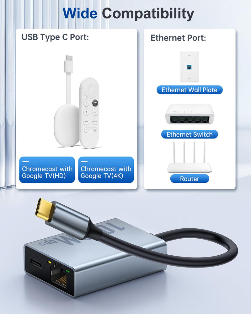 ZEXMTE 1000Mbps Ethernet Adapter for Chromecast with Google TV, USB C to RJ45 Gigabit Ethernet Adapter Compatible with Chromecast with Google TV HD/4K, Laptop, Tablet, 2 Pack