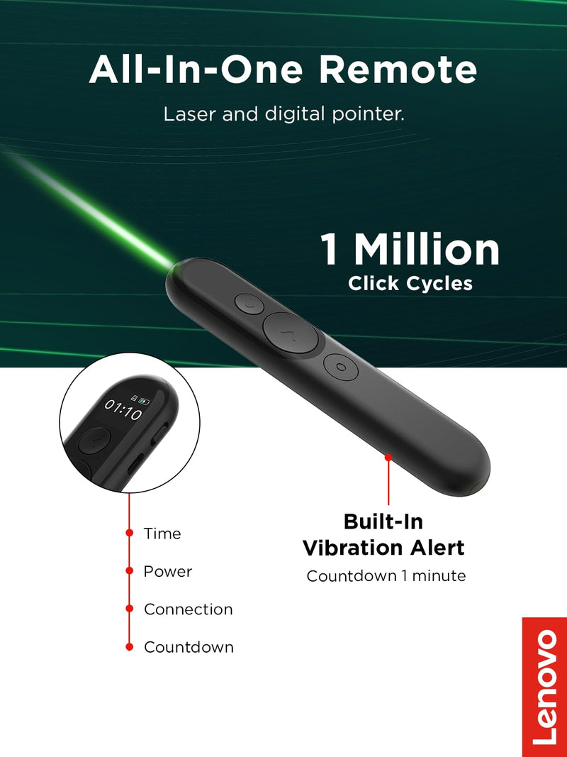 Lenovo Laser Rechargeable Presentation Remote, Bluetooth & USB, Digital & Laser Pointer, LCD Screen, Rechargeable Battery, 30M Range, Black, 500mm Cable Length