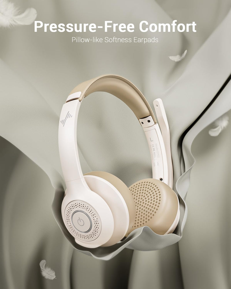 Wireless Headset with AI Noise Cancelling Microphone Bluetooth Headset - Bluetooth V5.2 Headphones with Mic Mute for Computer/Laptop/PC/iPhone/Android/Cell Phones/Zoom/Ms Teams/Skype-White White