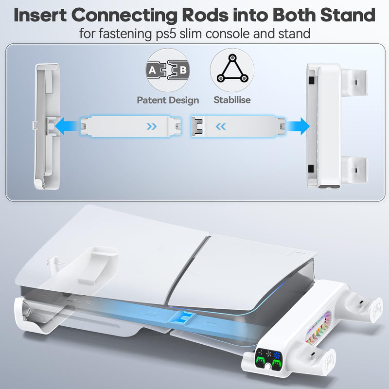 Horizontal Cooling Stand Replacement for PS5 Slim Disc & Digital Only, Dual PS5 Controller Charger with 3-Level RGB Cooling Fan, for 2023 PS5 Slim Console PlayStation 3 Games (NOT Fit 2020 PS5)