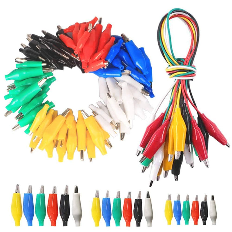 GTIWUNG Pack of 90 3 sizes crocodile clips, 28 mm/35 mm/45 mm, electrical test clamps with red/yellow/blue/green/white/black protective cover + 10 pieces crocodile clips with cable for multimeter test leads 90 pieces crocodile clips + 10 test cables