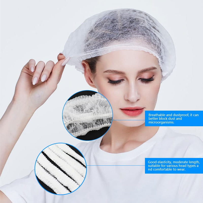 SRunDe Pack of 100 Disposable Hair Nets 21 Inch Breathable Disposable Caps with Elastic Stretch Band White Fleece Caps Head Caps for Nurses