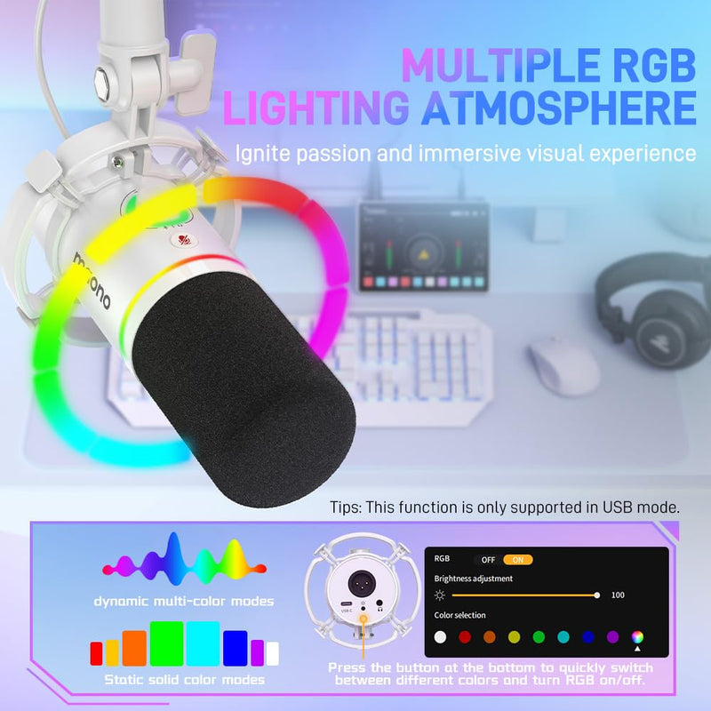 MAONO XLR/USB Dynamic Microphone, RGB Gaming Mic with Software, Mute, Gain Knob, Volume Control and Headphone Jack for Streaming, Podcasting, Recording-PD200X (White) White