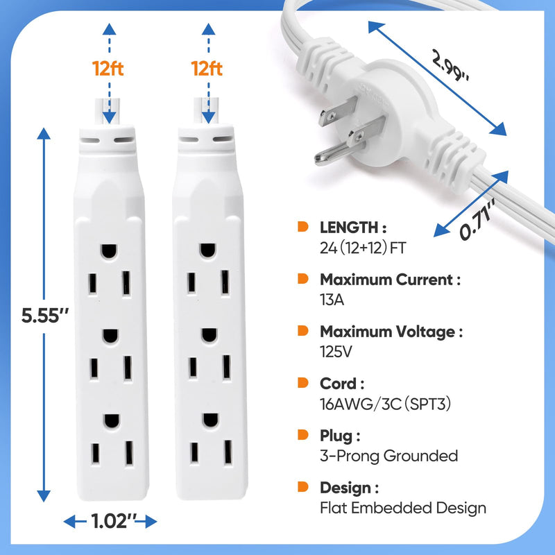 Twin Extension Cord Power Strip - 24FT Dual Extension with Flat Wall Plug, Split Extension Cord with Multiple Outlets, Double Head Outlet for Behind Bed, Couch,Indoor Flush Design(White) White