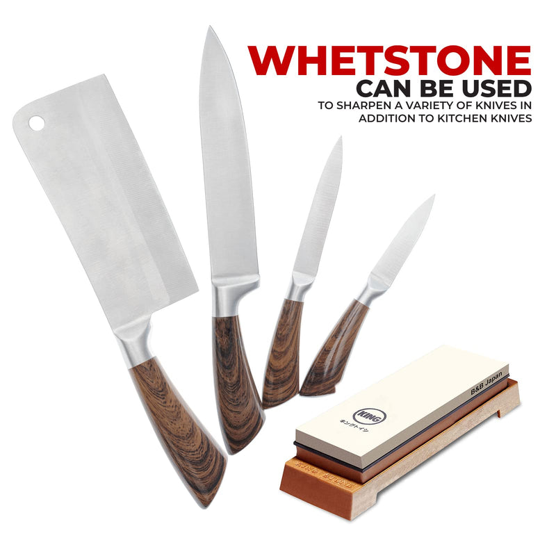 KING Whetstone Starter Set Include 1000/6000 Grit Combination Whetstone made in Japan, Knife Angle Holder, B&B Japan Original Wiping Cloth and Stable Plastic Base