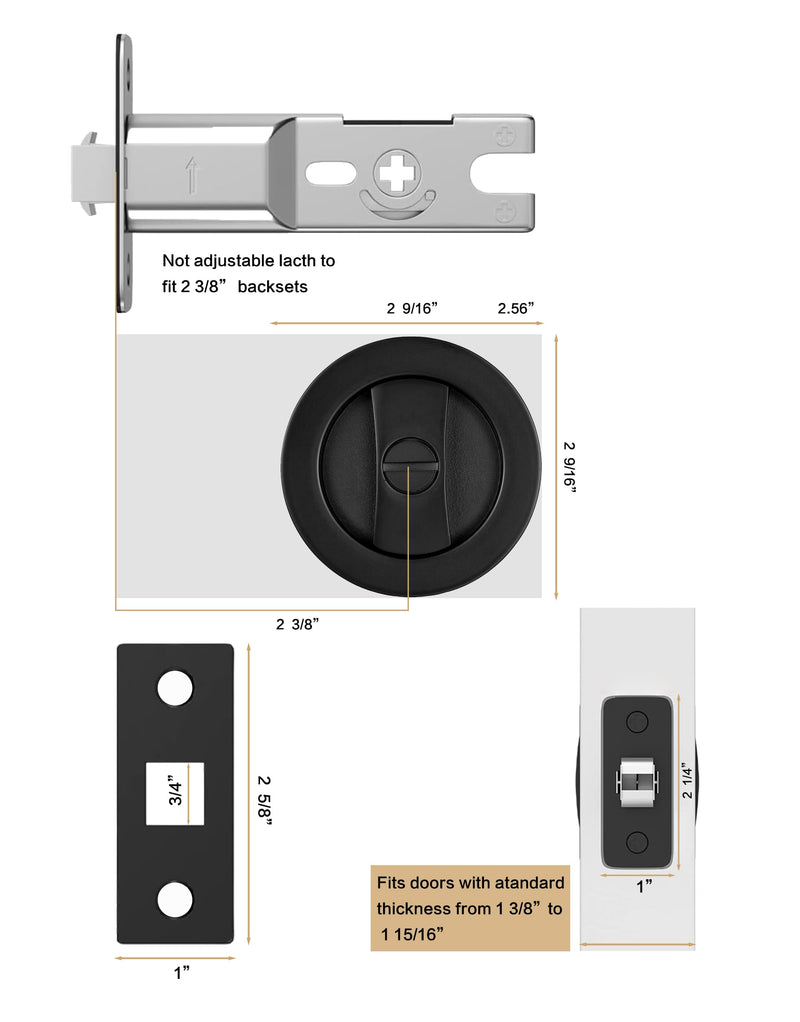 Pocket Door Hardware Black, Pocket Door Lock, Pocket Door Latch, Matte Black Contemporary Sliding Pocket Door with Privacy Lock for Bathroom & Bedroom (1 Pack, Round) 1 Pack Matte Black (Round)