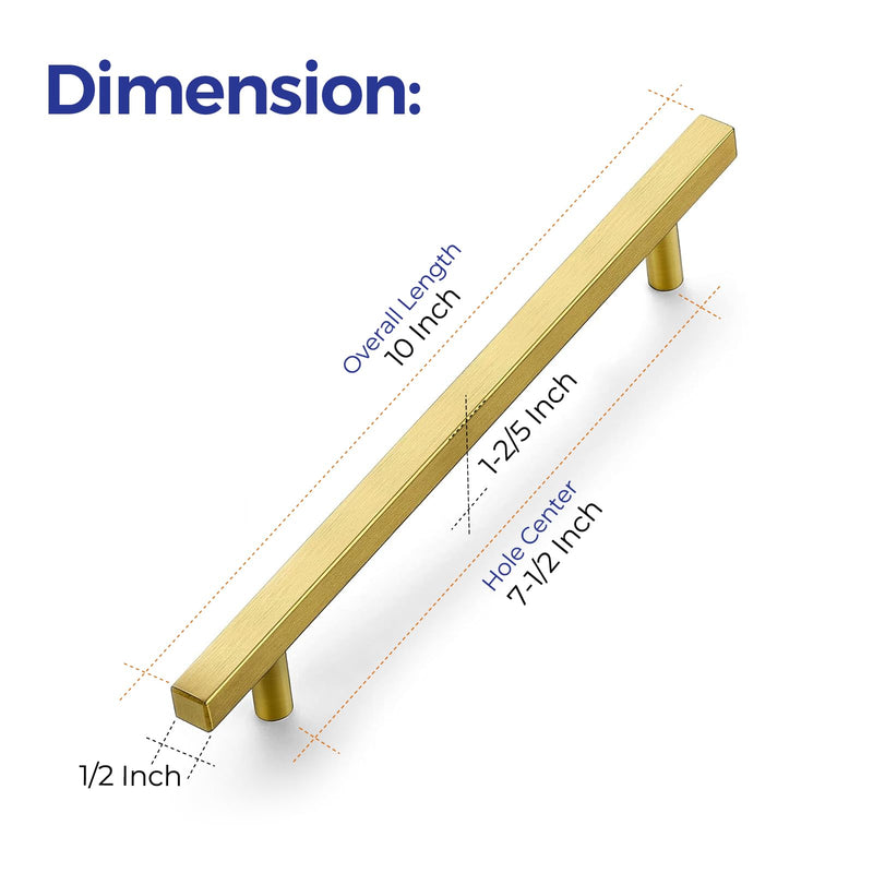 Ravinte 5 Pack 10" Square Cabinet Pulls Brushed Brass Stainless Steel Kitchen Cupboard Dresser Handles Cabinet Handles 10" Length, 7-1/2" Hole Center