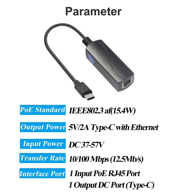 REVOTECH PoE to USB C Adapter Converter, Convert POE to Output 5V/2A Type-C with Ethernet, IEEE802.3af with 10/100Mbps, Wired Broadband and PD Charging for Smart Phone/Tablet, Plug and Play (P2C5V) 5V/2.4A