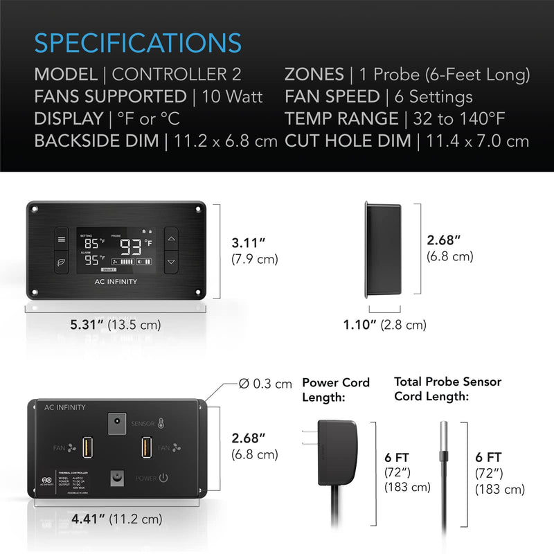 AC Infinity Controller 2, Fan Thermostat and Speed Controller, Controls AIRPLATE, MULTIFAN, USB Fans and Devices, for AV Cabinet Cooling