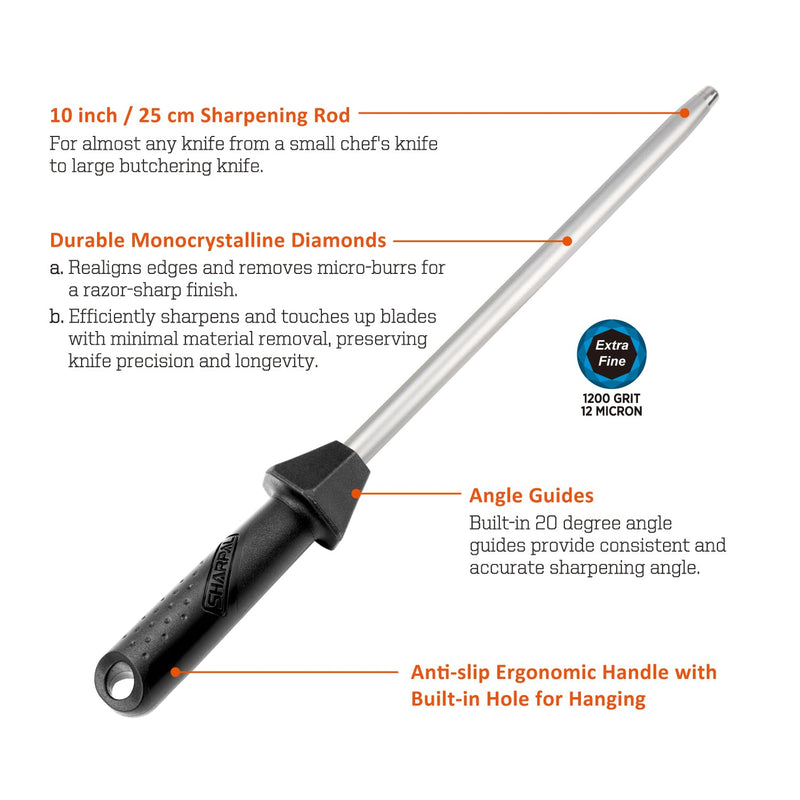 SHARPAL 119N Diamond Sharpening Steel – Professional Solid Knife Sharpener Honing Rod with Built-In Angle Guides, Sharpens, Realigns, and Polishes Edges for Chef and Kitchen Knives Diamond Sharpening Steel with Angle Guide