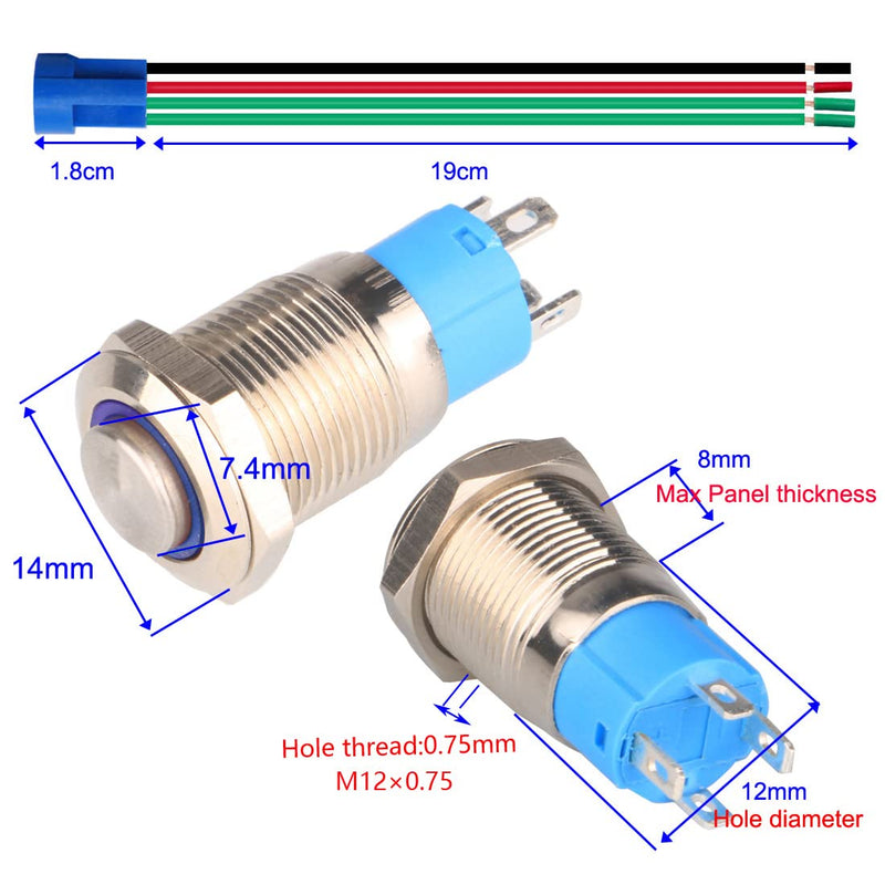 Gebildet Pack of 4 12mm Stainless Steel Button 3V-4.5V-5V-6V-7.5V-9V/5A LED 1NO SPST On/Off Waterproof with Cable Socket Plug (Blue LED) Blue (5v-9v)