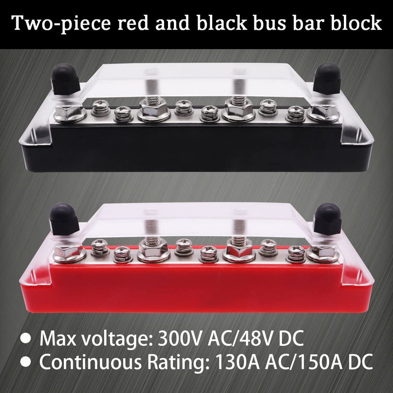 150A 12V Bus Bar Marine Power Distribution Terminal Block with Cover with 4 x 1/4”(M6) Post,6 x M4 Terminal Screws,Battery Bus Bar (Pair, Red & Black) for Car Boat Marine