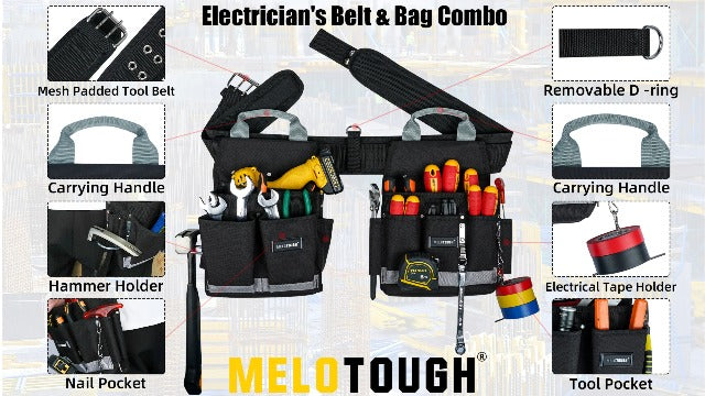 MELOTOUGH Electrician Tool Belt Set, Padded Work Rig with detachable Tool Pouches and Utility Apron, Combo Harness with Carry Handles for Carpenter Construction Tool Belt with Pouch