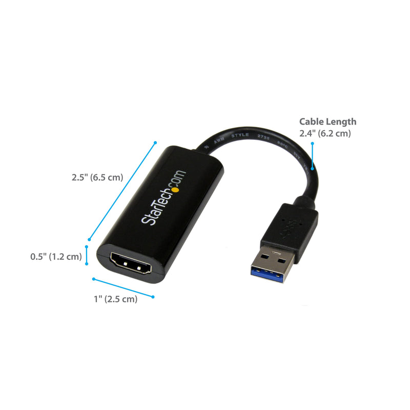StarTech.com USB 3.0 to HDMI Adapter - 1080p (1900x1200) - Slim/Compact USB Type-A to HDMI Display Adapter Converter for Monitor - External Video & Graphics Card - Black - Windows Only (USB32HDES)