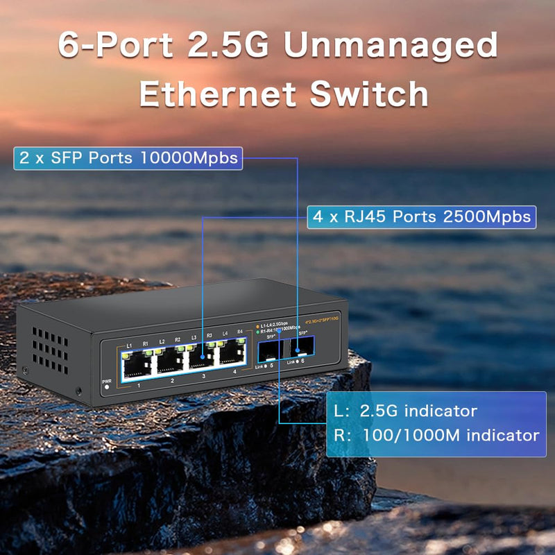2.5G Unmanaged Ethernet Switch with 4 x 2.5G Base-T Ports and 2 x 10G SFP Uplink Port, Compatible with 100/1000/2500Mbps, Fanlesss Design, Plug & Play, Metal 2.5Gb Network Switch Da-K6402W