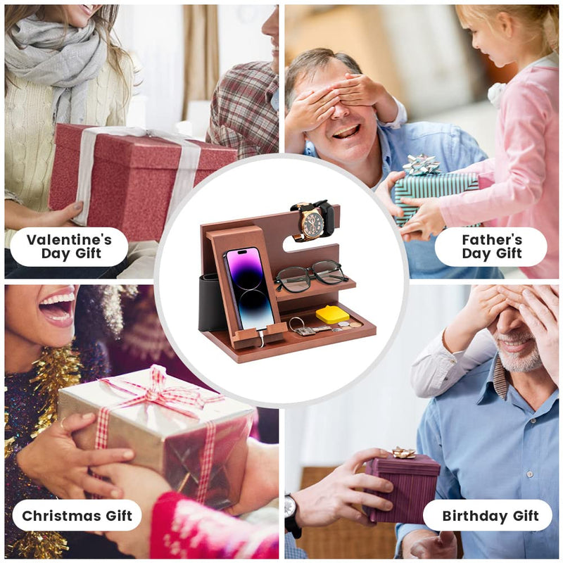 Wood Phone Docking Station - Gifts for Men Desk or Nightstand Organizer - Birthday Gifts for Husband, Fathers Day for Dad - Anniversary Idea from Wife - Key Holder, Stand Wallet, Watch & Essentials Wood