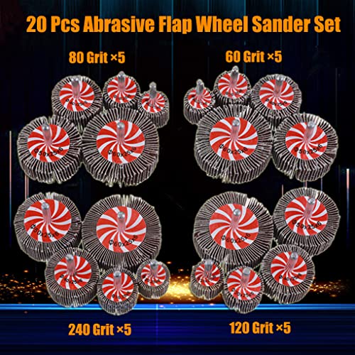 20 Pcs 5 Sizes 60/80/120/240 Grits Abrasive Flap Wheel Sander