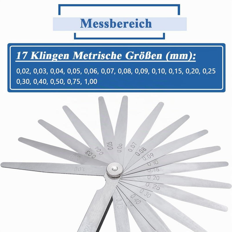Mesee Stainless Steel Feeler Gauge Set, 17 Blades High Precision Feeling Gauge, 0.02-1.00 mm Gap Width Measuring Tool for Valve Tappet, Spark Plug Gaps, Piston Rings, Brake Bands