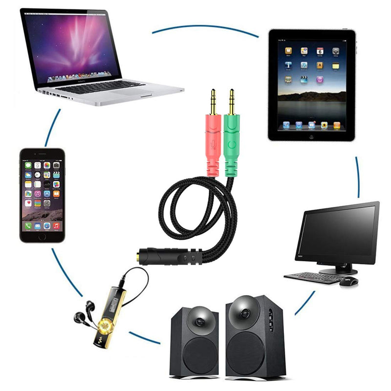 ENVEL Headset and Microphone Splitter Cable for PC 3.5mm Jack Headphones Audio Adapter Convertors 3.5mm Female to 2 Dual 3.5mm Male for Computer Simultaneously Y Splitter Black