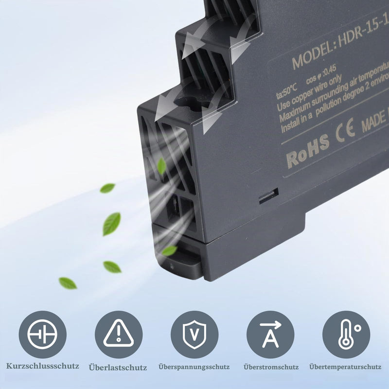 DIN Rail Power Supply, DIN Rail Power Supply 12 V DC 1.25 A 15 W | HDR-15-12, input 100-240V AC, switching power supply for industrial automation, building technology, home 12 V 1.25 A