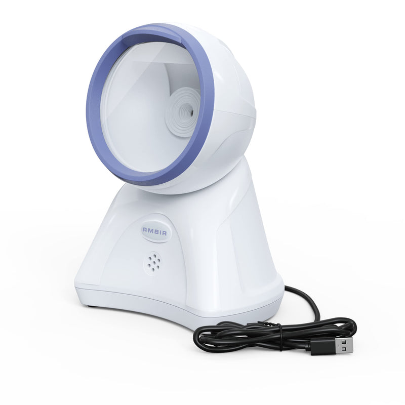 Ambir DB100 Hands Free Plug & Play Omni-Directional Desktop USB 1D, 2D and QR Barcode Scanner - White/Blue