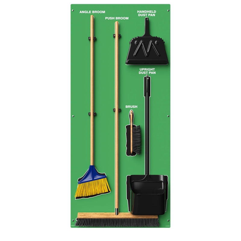 Clean & Sweep 5S Shadow Board/Wall Mount Broom Holder, 68" x 30" Board, 5S Cleaning Station - with Broom and Dustpan Set Included, Made in The USA by AccuformNMC, Green/Black, PSB616GNBK