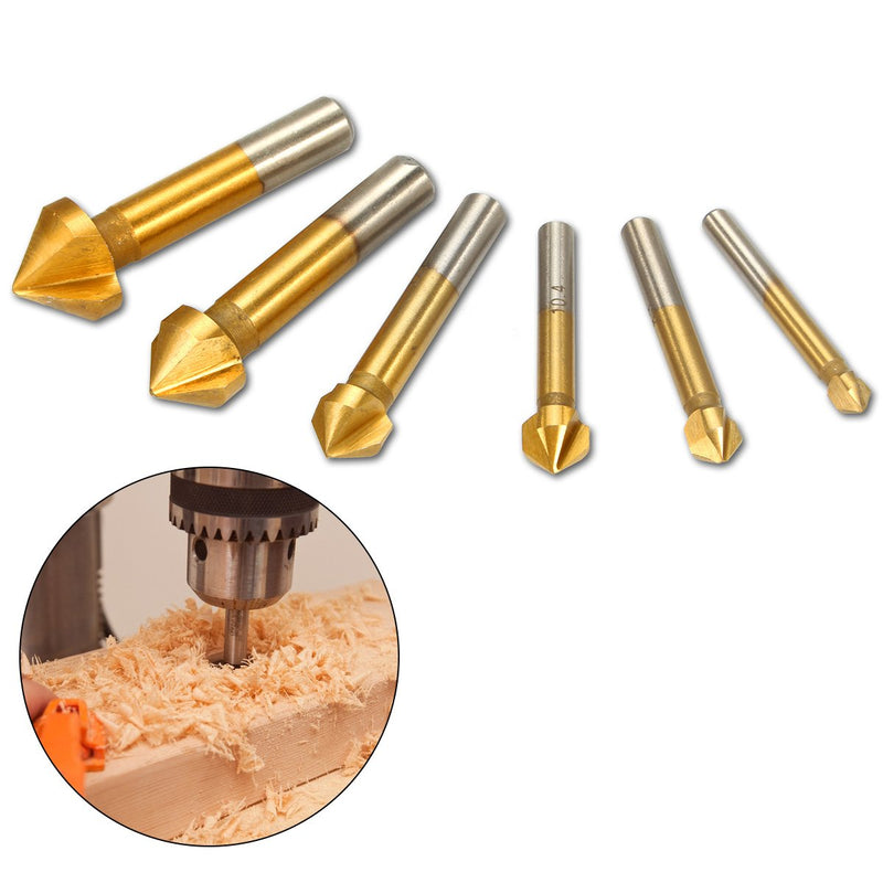Estmoon 6-piece 90° countersink set, HSS countersink set, titanium coatings, diameter 6.3-20.5 mm, countersink drill with 1 pack of brass automatic center drill punch